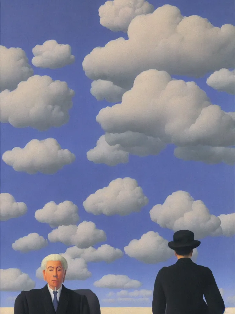 Image similar to portrait of cloud man by rene magritte, detailed painting, hd, hq, high resolution, high detail, 4 k, 8 k