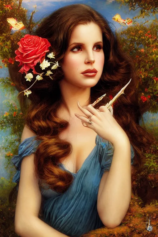 Image similar to Lana Del Rey, Lilia Alvarado, Sophie Anderson, Mark Arian, Bob Byerley, Charlie Bowater, Mark Brooks, Steve Henderson, Justin Gerard, Arthur Hughes, Edward Robert Hughes, Mark Keathley, Victor Nizovtsev, Carlos Shwabe, Ross Tran, WLOP