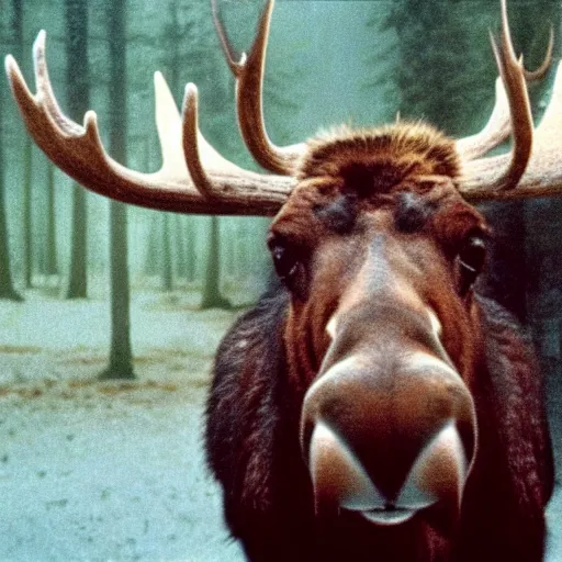 Image similar to polaroid of a moose with a cheeky smile, foggy, cinematic shot, photo still from movie by denis villeneuve, wayne barlowe