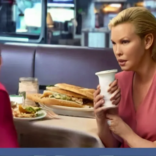 Image similar to catherine heigl and tenth is khan eating sandwiches at a diner, ultrarealistic, photorealistic, 8 k, ultra hd