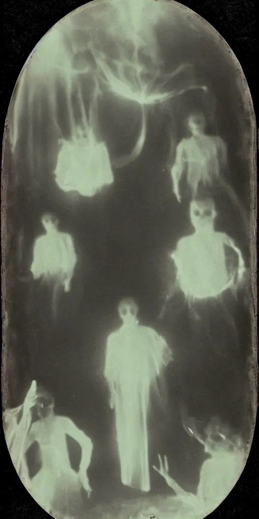 Image similar to spirit group photography with glowing bulbous ectoplasm, scary shadow people, sleep paralysis demon, 1 9 0 0 s, slimer, invoke fear and dread, old photograph, daguerreotype