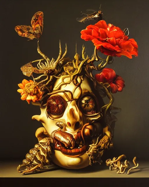 Image similar to refined gorgeous blended oil painting with black background by christian rex van minnen rachel ruysch dali todd schorr of a chiaroscuro portrait of an extremely bizarre disturbing mutated man made of still life flowers and rubber insects with shiny skin acne dutch golden age vanitas intense chiaroscuro cast shadows obscuring features dramatic lighting perfect symmetry perfect composition masterpiece