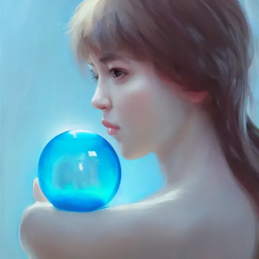 Prompt: cinematic portrait of cute Mew holding onto large blue bubble, oil on canvas, masterpiece, trending on artstation, featured on pixiv, cinematic composition, dramatic pose, beautiful lighting, sharp, details, hyper-detailed, HD, HDR, 4K, 8K