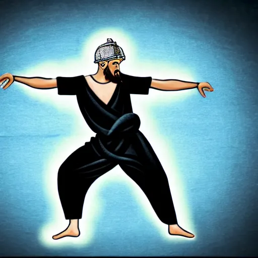 Image similar to Greek God Zeus breakdancing, wearing generic ancient greek clothing, Zeus is in black and white, the background color is blue, in the style of Alex Heywood and Minna Sundberg