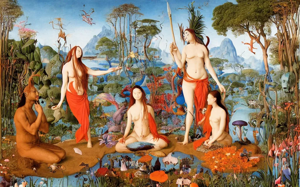 Prompt: a portrait photograph of a meditating mermaid shaman and a centaur monk feeding tropical animals at a wide river delta. surrounded by bulbous flowers, elephants, trees and mushrooms. mountain range under a vast blue sky of burning stars. painted by jan van eyck, max ernst, ernst haeckel and artgerm, cgsociety, artstation, fashion editorial