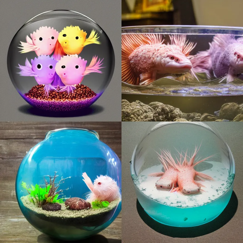 Prompt: 3 axolotls inside a fish bowl