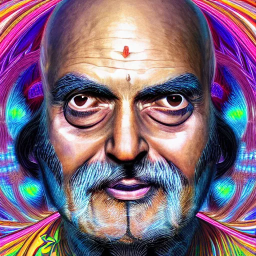 Prompt: psychedelic portrait of ram dass, background by Alex Grey and Tokio Aoyama, 4k, hyperrealistic, unreal engine extreme detail