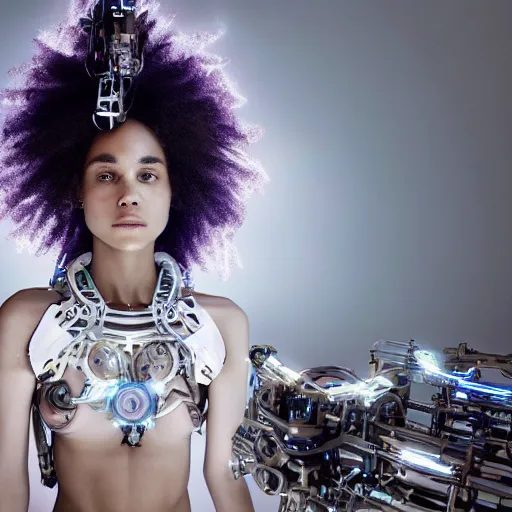 Image similar to beautiful Fine art photo of enraptured Zoe Kravitz as a solarpunk robotic goddess, white mechanical parts with led lights, photorealistic, centered, highly detailed and intricate, sun lighting, 8k