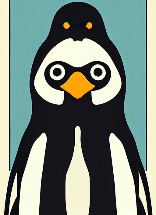 Image similar to portrait of a penguin doing penguin things,Karolis Strautniekas, editorial illustration, detailed, art deco, Mads Berg, matte print