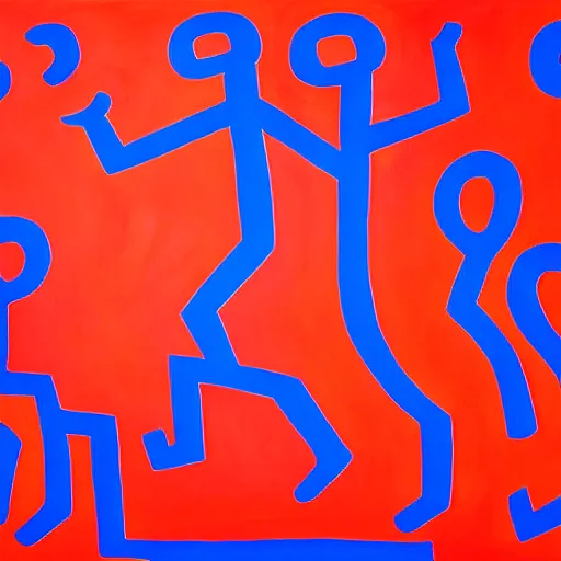 Image similar to acrylic abstract painting on canvas using primary red and blue, by keith haring