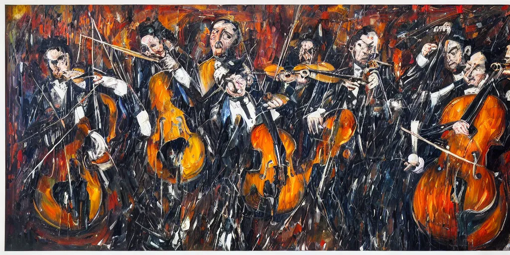 Prompt: an ultra detailed oil painting which interprets the harmony of a symphony, instruments, orchestra, sheet music, pierre soulages, jackson pollock, triadic color scheme