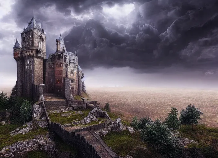 Prompt: Castle, landscape, stormy night, backlit, ominous landscape, magical spell, haze, photoreal, Vray, render, high detail, hyper-realism