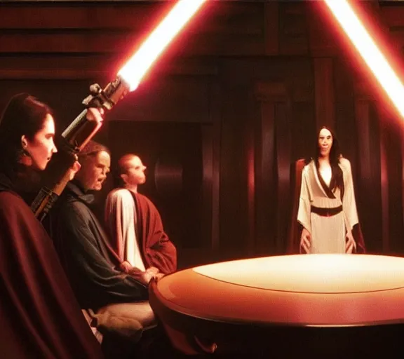 Image similar to Still of Megan Fox on the Jedi Council, Star Wars Unirverse, Cinematic Lighting, beautiful composition, 8K resolution