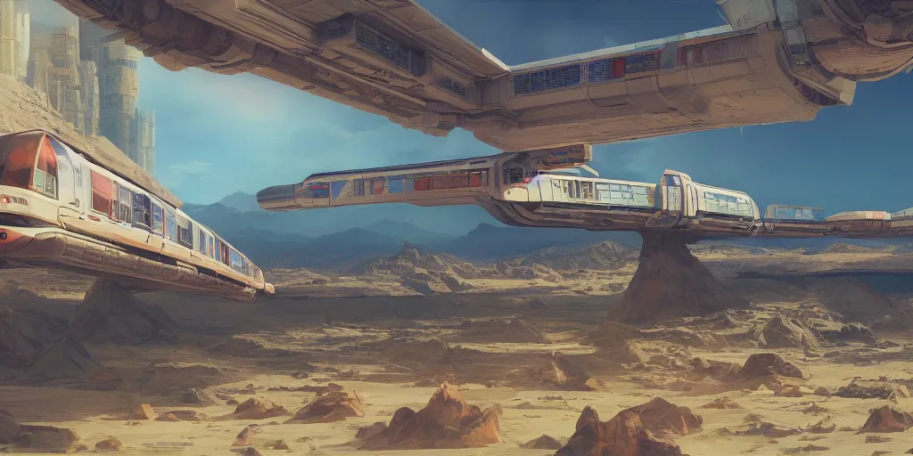 Prompt: concept art monorail shonan in martian landscape, brutalism, colorful, syd mead, isamu imakake, 4 k resolution, octane render, intricate, ultra detailed, medium full shot, volumetric lighting, cinematic lighting + masterpiece,