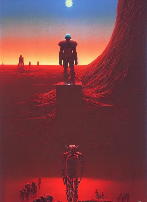 Image similar to hyper realistic end of the world by zdzisław beksinski and norman rockwell and greg rutkowskiweta studio, a red cyborg samurai, tokio futuristic in background, and lucasfilm, realm of the ovarian machine, horror art, blue and red hour