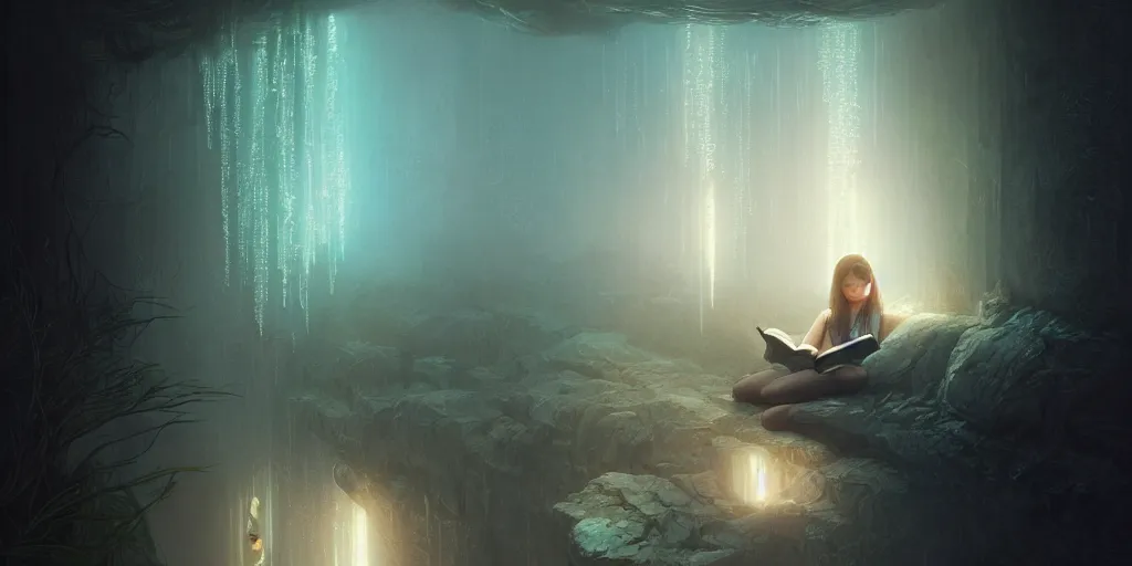 Image similar to breathe into euphoria, a girl reading a book, altered carbon, dreamy ethereal vibe, atmospheric, detailed intricate render, fibbonacci, detailed illustration, hd, 4 k, digital art, overdetailed art, surrealistic, by greg rutkowski, by loish, laura sava, slavic traditional trending on artstation, deviantart