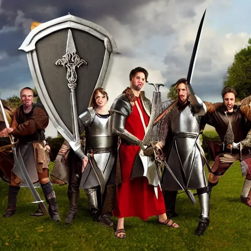 Image similar to the cast of tv show friends in medival battle with swords and shields, fantasy realistic