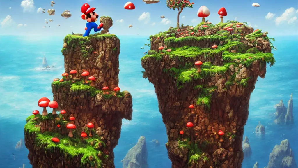 Prompt: Mario from Super Mario Brothers standing on the edge of a rocky cliff looking towards towering red and white spotted mushrooms growing out of the oceans, birds flying away from the mushrooms, mind-bending geometry, sapphire waters below, 4k, trending on Artstation, award-winning, dramatic painting, art by Greg Rutkowski, Igor Morski