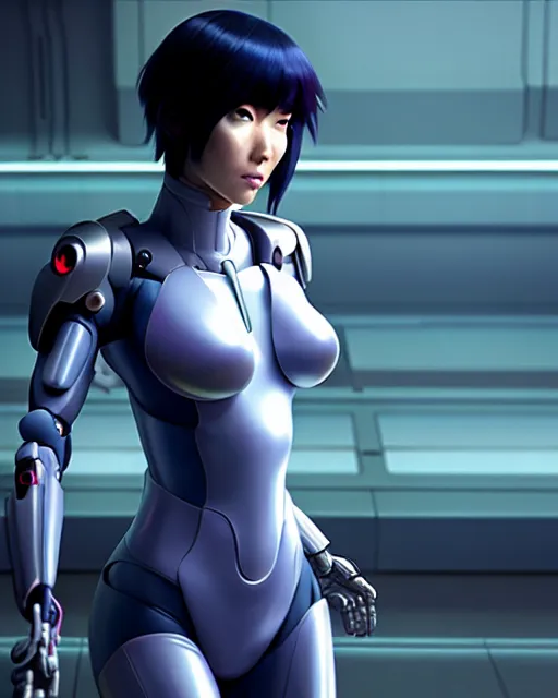 Image similar to weta disney pixar movie still portrait photo of motoko kusanagi ghost in the shell : : as cyborg woman by pixar : : by weta, wlop, ilya kuvshinov, rossdraws, artgerm, marvel, maxim cover, latex, octane render, sweaty, iridescent, bright morning, anime, liosh, mucha : :