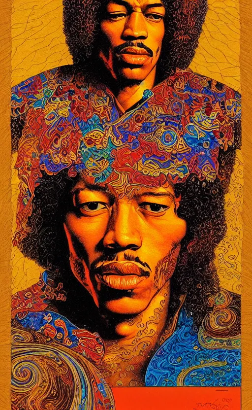 Prompt: an awesome jean giraud graphic art of jimi hendrix in the style of a renaissance masters portrait, mystical and new age symbolism and tibetan book of the dead imagery, intricately detailed, 4 k