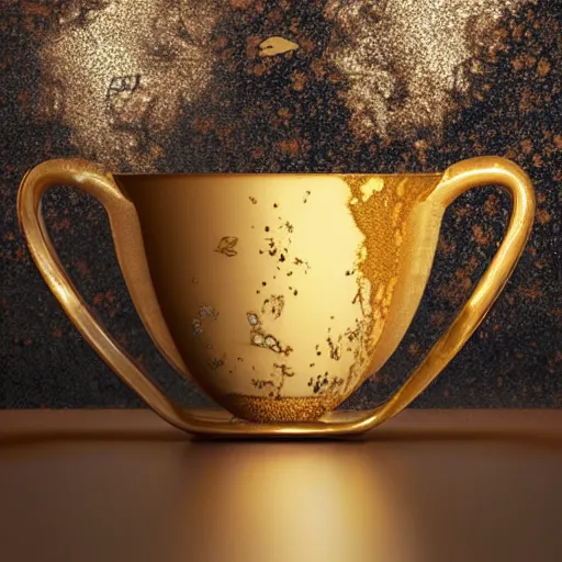 Prompt: cup of steaming coffee, ornate kinatsugi, baroque, gold dust, marble background, dark-brown, gold cracks, silver, highly detailed porcelain, glazed, volumetric dust rays, dark, intricate detail, ultra realistic, dramatic lighting, wet, shiny, unreal engine 5, hyper realistic, octane render, 8k