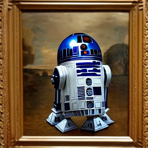 Image similar to a portrait painting of r 2 d 2 from star wars in a renaissance style hanging in the louvre
