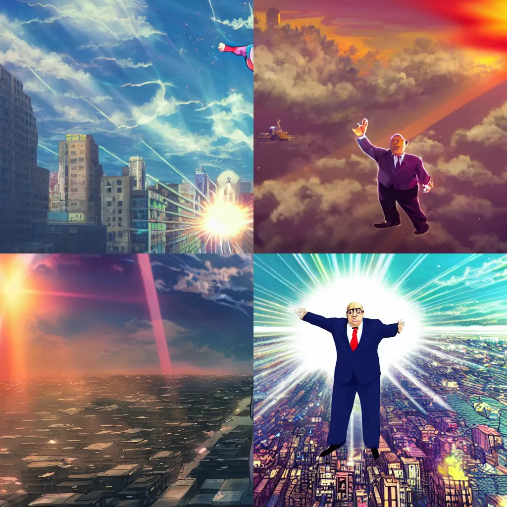 Prompt: obese rudy giuliani floating over a city, mass destruction, glowing god rays, anime illustration, cinematic lighting, film grain