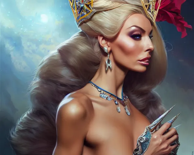 Prompt: isabelledeltore as miss universe, 8 k, deep focus, d & d, fantasy, intricate, elegant, highly detailed, digital painting, artstation, concept art, matte, sharp focus, illustration, hearthstone, art by artgerm and greg rutkowski and alphonse mucha