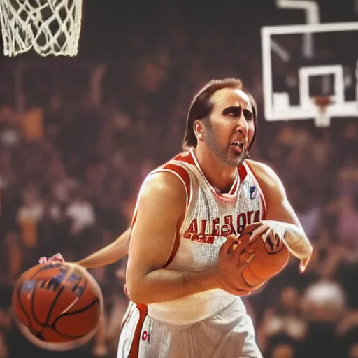 Image similar to nicolas cage as a basketball player, highly detailed photography, 4k