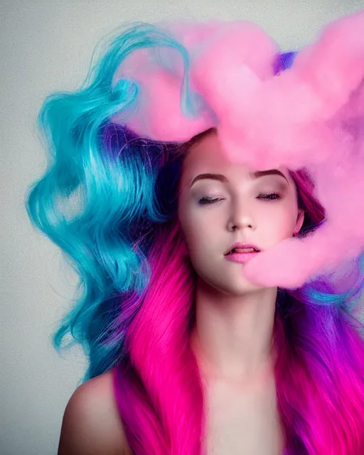 Image similar to a dramatic lighting photo of a beautiful young woman with cotton candy hair. with a little bit of cyan and pink