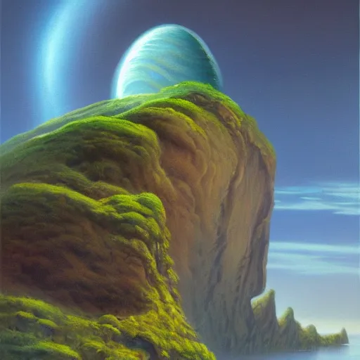 Prompt: a beautiful painting of a mysterious island on a Jupiter's moon by Boris Vallejo, trending on Artstation