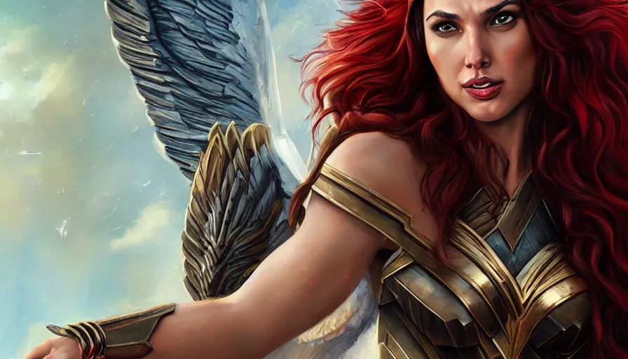 Prompt: painting of gal gadot as muscular and beautiful valkyrie with long red hair, fantasy art, full shot, atmospheric lightning, by artgerm