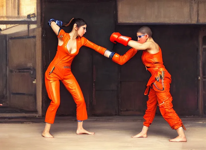 Image similar to Maria fights sgt Nash. Cyberpunk hacker in orange jumpsuit fighting menacing police troopers (blade runner 2049). beautiful face. kickboxing. Orientalist portrait by john william waterhouse and James Gurney and Theodore Ralli and Nasreddine Dinet, oil on canvas. Cinematic, hyper realism, realistic proportions, dramatic lighting, high detail 4k