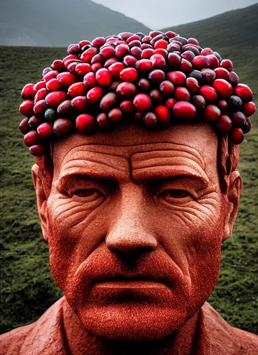 Prompt: a mountain of cranberries in the shape of bryan cranston's face, cranberry statue, natural light, sharp, detailed red face, magazine, press, photo, steve mccurry, david lazar, canon, nikon, focus