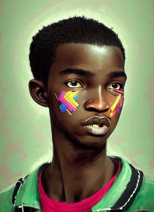 Prompt: portrait of a nigerian teen boy with a crooked nose and a confident expression, 1 9 6 0 s, black clothes, goth, punk, brightly coloured hair, funk, intricate, elegant, highly detailed, digital painting, artstation, concept art, smooth, sharp focus, illustration, art by wlop, mars ravelo and greg rutkowski