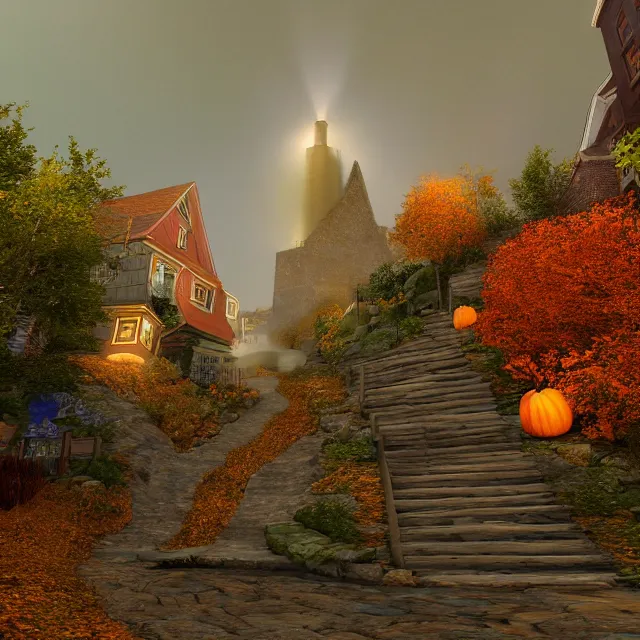 Prompt: steep portsmouth new hampshire fantasy street with a golden waterfall built on a hill, chimneys on buildings, large fall mountain, pumpkin people, fall foliage, over the garden wall, thomas kinkade, light cinematic, otherworldly, volumetric, realistic, cinematic lighting, ray tracing, unreal engine 5, unreal engine render, octane render, hyper realistic, photo, 8 k