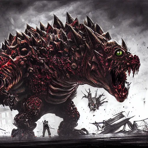 Prompt: Giga Bowser, Resident Evil virus concept art, destroyed kingdom, highly detailed, horror, scary, terrifying, horrific, hd 4k