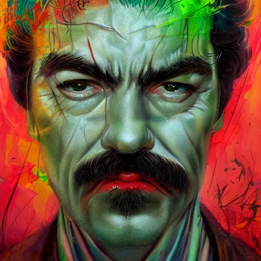 Image similar to a demon slayer portrait of tom selleck, tall, pale - skinned, slender with lime green eyes and long eyelashes by stanley artgerm, tom bagshaw, arthur adams, carne griffiths, trending on deviant art, street art, face enhance, chillwave, maximalist, full of color, glittering