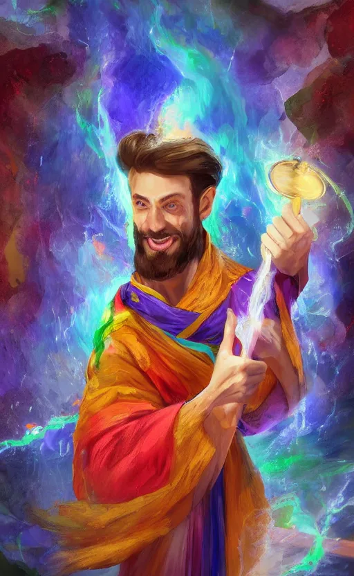 Image similar to fantasy painting of a charming sorcerer of middle - eastern descent, dressed in fine colorful robes and sporting a goatee, smirking, digital painting by barret frymire by artem priakhin, high resolution 4 k