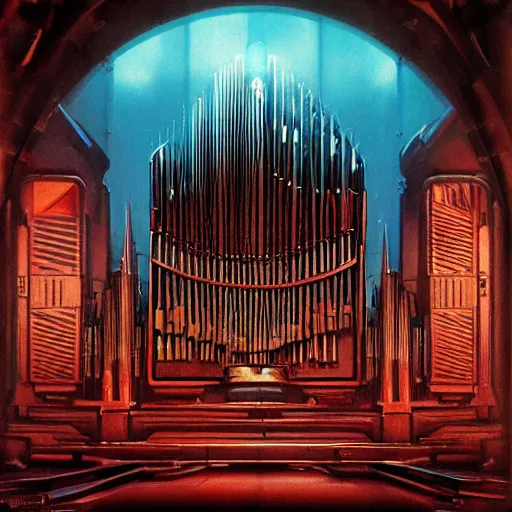 Image similar to pipe organ space opera album cover, style of john harris, david hardy, michael okuda, vincent di fate, rongier, dramatic lighting, detailed, gothic, ornate, symmetrical, kafka