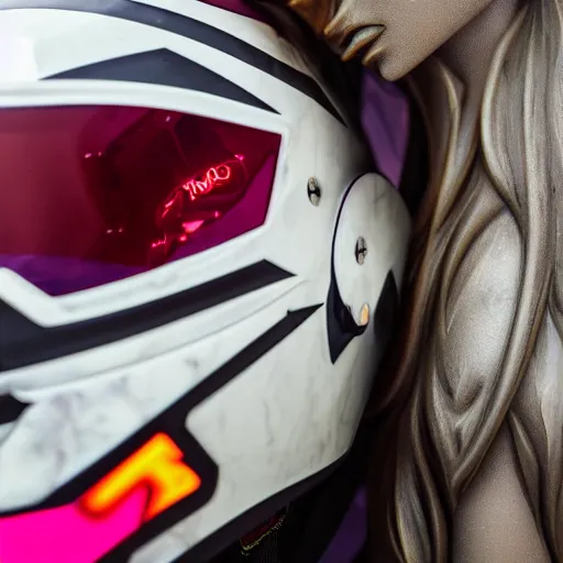 Image similar to beautifully lit extreme close up photo of a white marble statue of an anime girl with colorful motocross logos and motorcycle helmet with closed visor, colorful smoke in the background, carved marble statue, fine art, neon genesis evangelion, virgil abloh, offwhite, denoise, highly detailed, 8 k, hyperreal