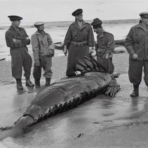 Image similar to 1940s photo, long shot, 5 soldiers looking at a huge creature washed up on a beach