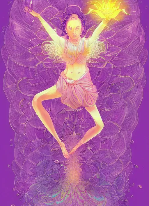 Image similar to 'lotus goddes, full body, purple, pink, yellow, concept character, water drops, lotus flower, beautiful, stunning, pink mist, radiating power, energy, god rays, luminescence, fractal, style of james jean, akira, satoshi con'