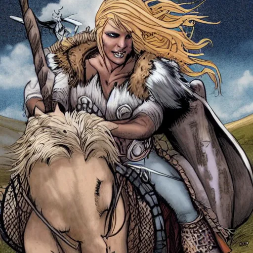 Prompt: an albino viking woman riding a war horse by Humberto Ramos and Mark Robinson,