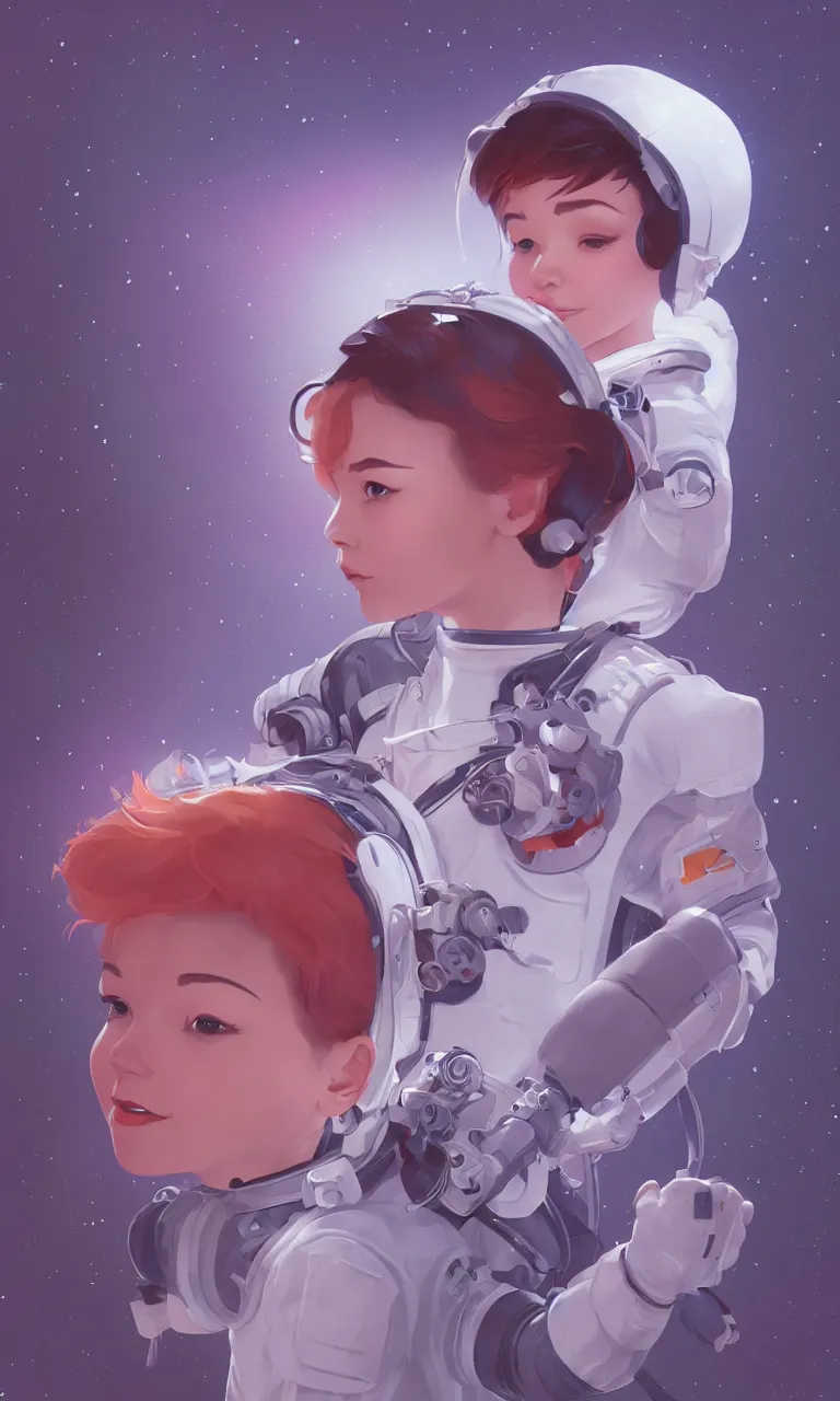 Image similar to cute pixie bjork taking charge in an astronaut suit, a look of wonder on her face, ambient lighting, 4 k, lois van baarle, ilya kuvshinov, rossdraws, alphonse mucha, jung gi kim, artstation