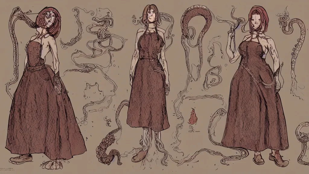 Image similar to aged paper, colorful character sheet for a stocky alien extraterrestrial female servant maid with thick snake - like tentacles instead of hair, long dress with apron, retrofuture, 7 0 s science fiction, coherent, illustration, digital art, trending on artstation, hd, 8 k, good lighting, beautiful, rough paper, masterpiece