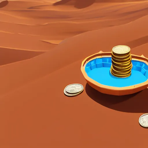 Image similar to boat in the dessert filled with coin and jewl collectables, game concept, low poly, horizontal view perspective