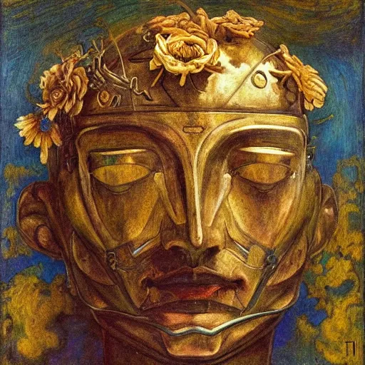 Image similar to masterpiece painting of the head of the robot flower king, by annie swynnerton and jean delville and tino rodriguez, flower mask, symbolist, dramatic lighting, god rays, elaborate geometric ornament, art brut, soft cool colors, smooth, sharp focus, extremely detailed, adolf wolfli