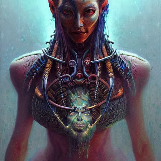 Prompt: a hyperrealistic acrylic on fibreboard portrait painting of a cyberpunk - necromancer by artgerm, beksinski and thomas kinkade. intricate details. believable eyes. head and shoulders. front on, symmetrical. epic fantasy art. indian and japanese mythology. shiva. samurai. dystopian art