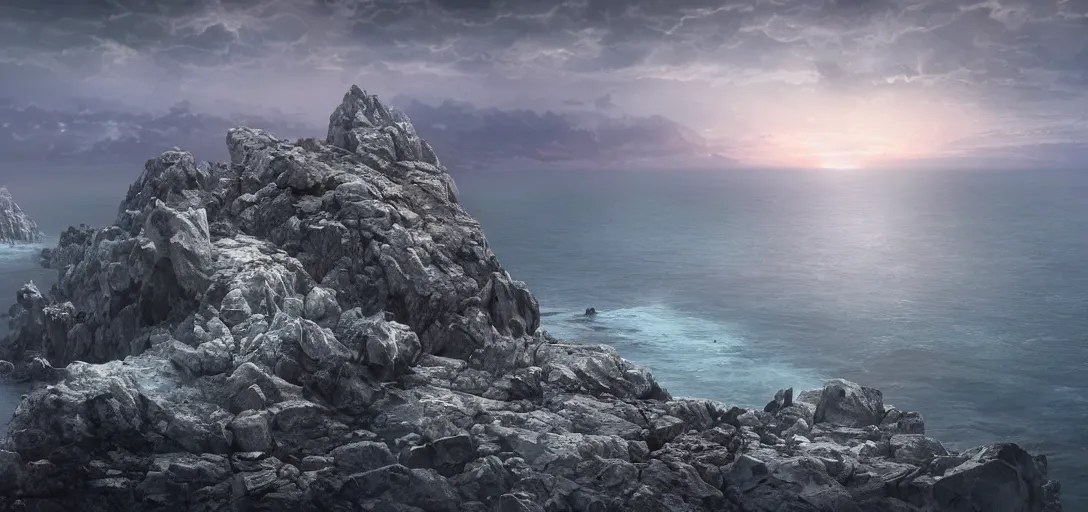 Image similar to octane render uhd, 8 k art photography, filmic lighting, cinematic art shot, hyperrealistic, hyperdetailed, super detailed, 8 k, high resolution, vast dark granite landscape with mysterious strangle glowing crystalline structure made of white rocks in the far distance, particle simulation, painting by ross tran and ivan aivazovsky, black water, sunset